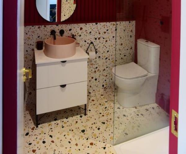 Jennifer uses terrazzo tiles in her bathroom from The Mosaic Factory. Picture: Moya Nolan Jennifer uses terrazzo tiles in her bathroom from The Mosaic Factory. Picture: Moya Nolan