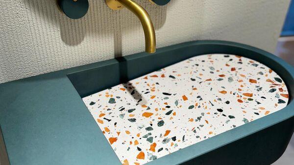 Terrazzo sink from the Holm collection by Kast Concrete Basins in London. Terrazzo sink from the Holm collection by Kast Concrete Basins in London.
